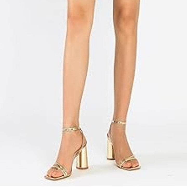Ribongz Womens 8.5 Shiny Gold Open Toe 4" Chunky Heel Ankle Wrap Sandal Shoes