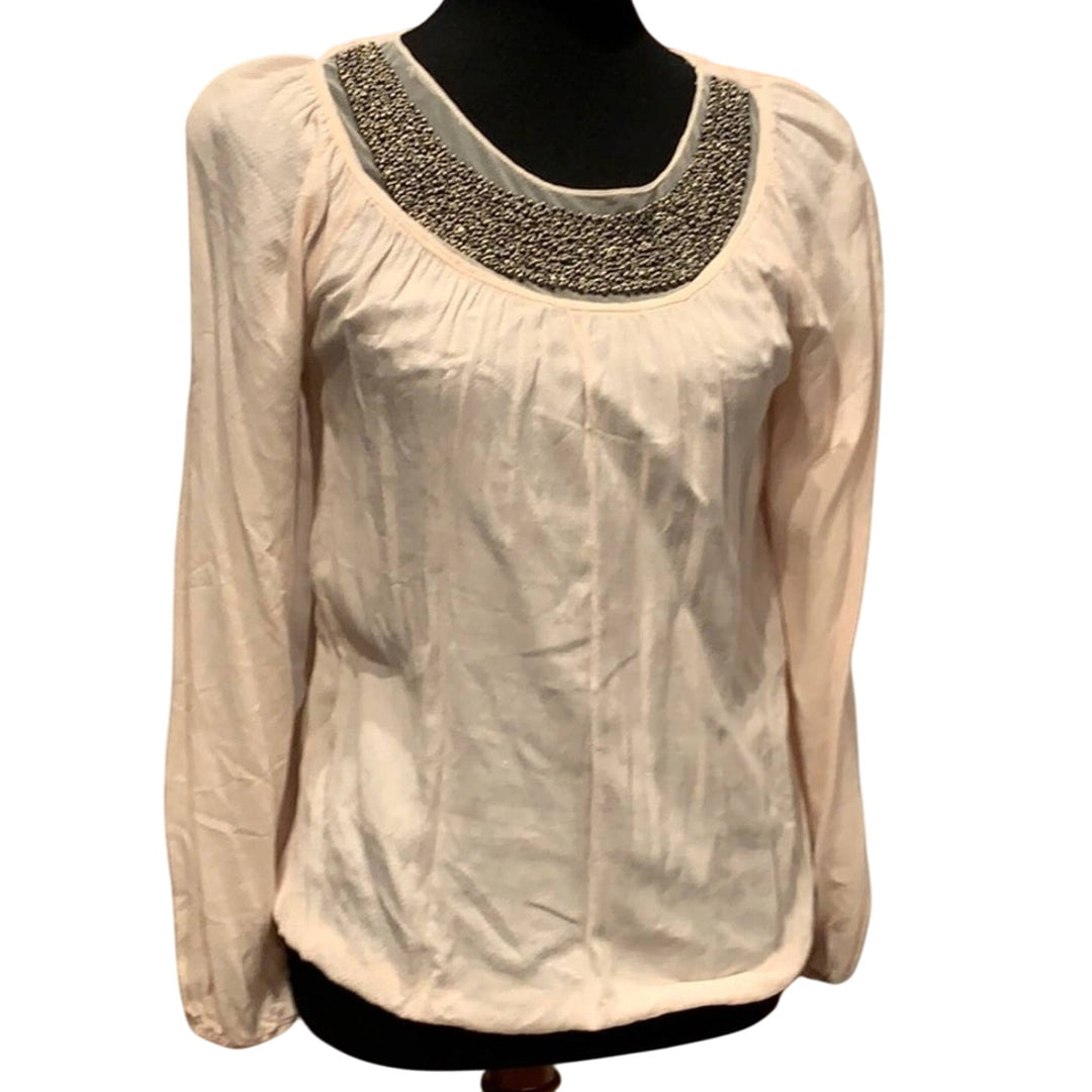 Max Studio MSSP Womens XS Cream Beaded Long Sleeve Rayon Pouf Shoulder Blouse