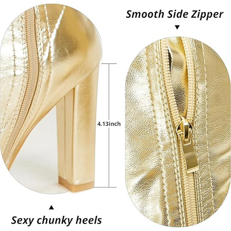 Wsheliu Womens Size 8 Gold 4" Heel Thigh High Gogo Boots Pointed Toe Shoes