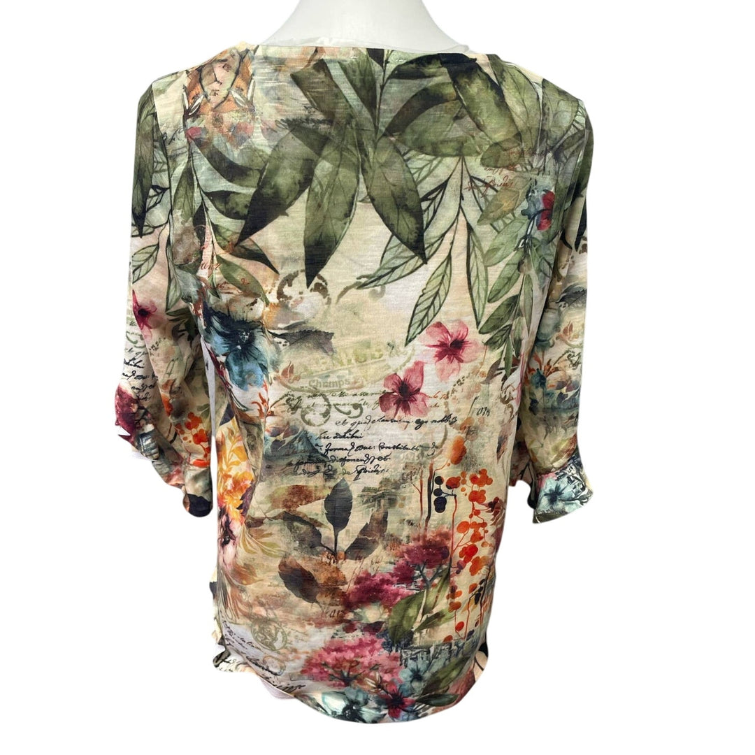 Time &amp; Tru Womens Small 3/4 Ruffled Sleeve Floral Silver Bead Forest Top Blouse
