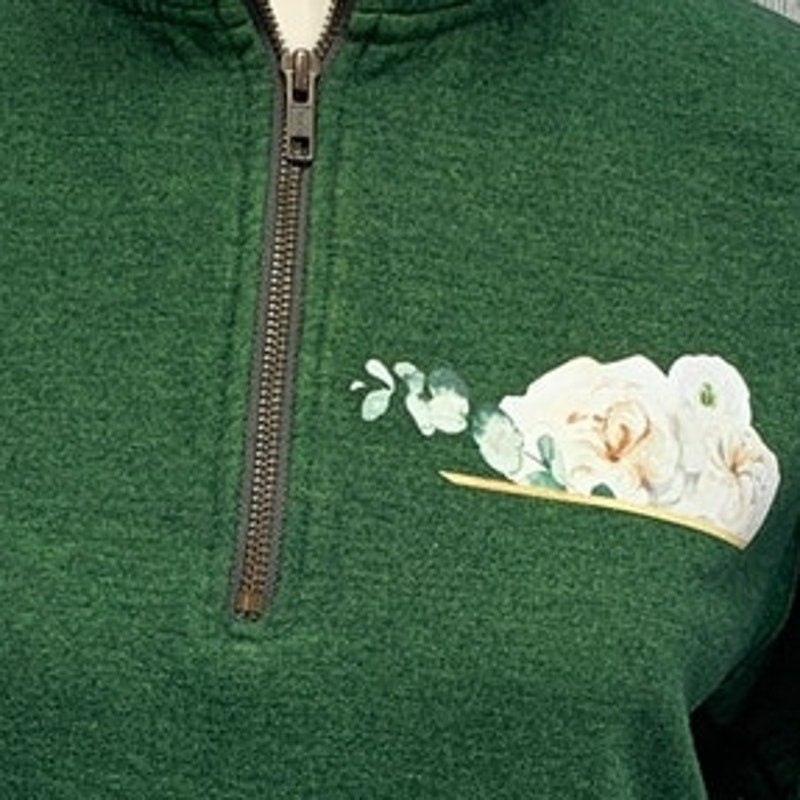 Hand Printed Upcycled Womens Small 1/4 Zip White Rose Flower Sweatshirt Pullover