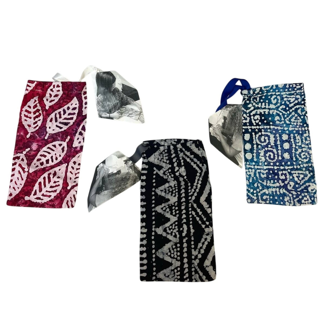 Set of 3 New Handmade Batik Printed Fabric Small Ribbon Drawstring Gift Bags