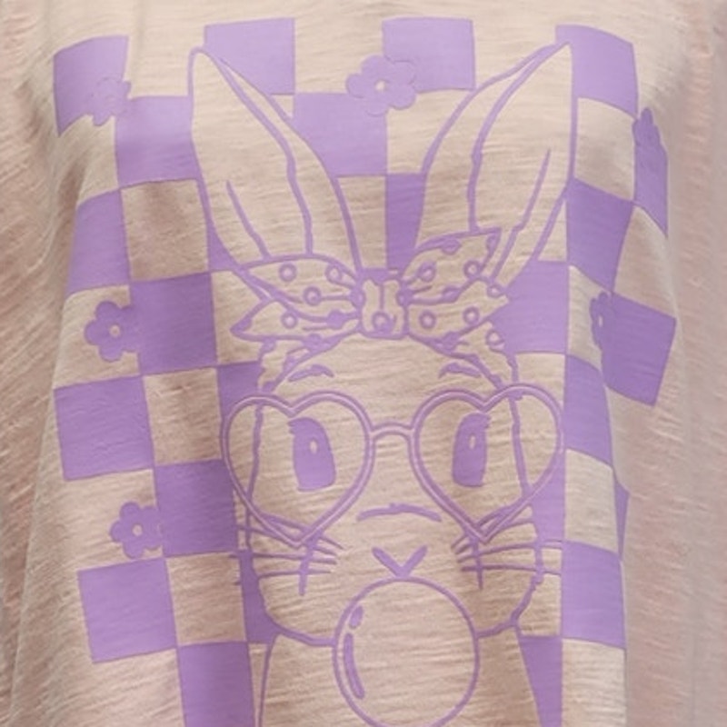 Hand Printed Upcycled Womens XL Easter Bunny Blowing Bubble Lace Detail Shirt