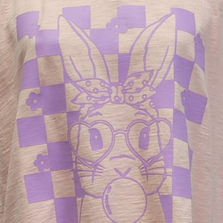 Hand Printed Upcycled Womens XL Easter Bunny Blowing Bubble Lace Detail Shirt