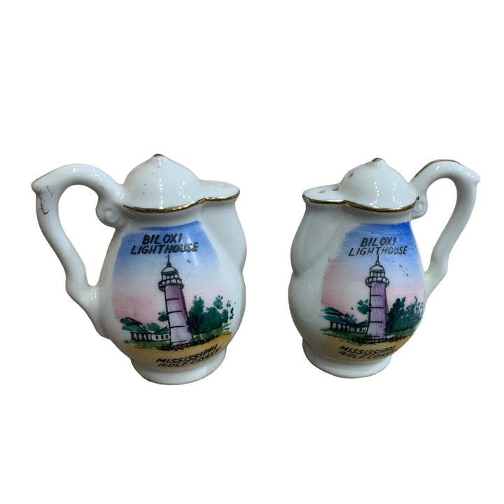 Vintage Japan Ceramic Biloxi Lighthouse MS Gulf Coast Salt Pepper Shaker Set