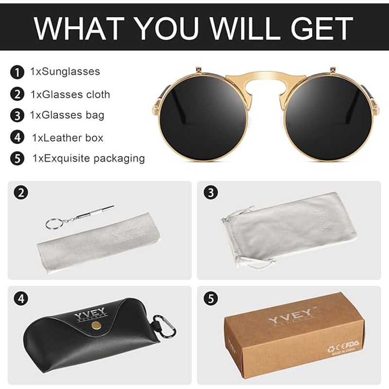 New Yvey Unisex Gold Black Retro 80s 90s Flip-Up Round Steampunk Sunglasses
