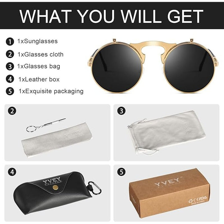 New Yvey Unisex Gold Black Retro 80s 90s Flip-Up Round Steampunk Sunglasses