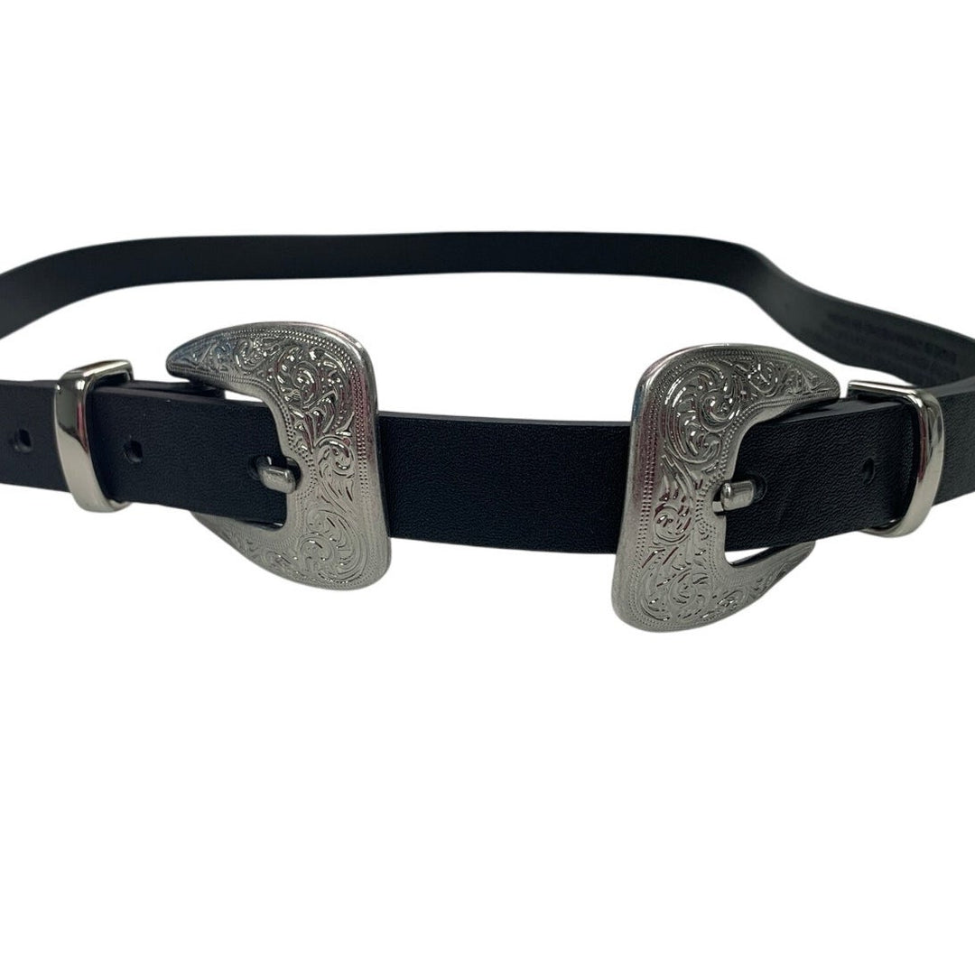 New Wild Fable Womens Double Silver Country Buckle Black Bonded Leather Belt