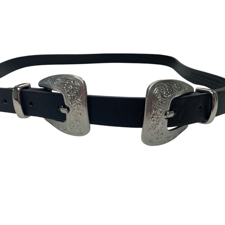 New Wild Fable Womens Double Silver Country Buckle Black Bonded Leather Belt