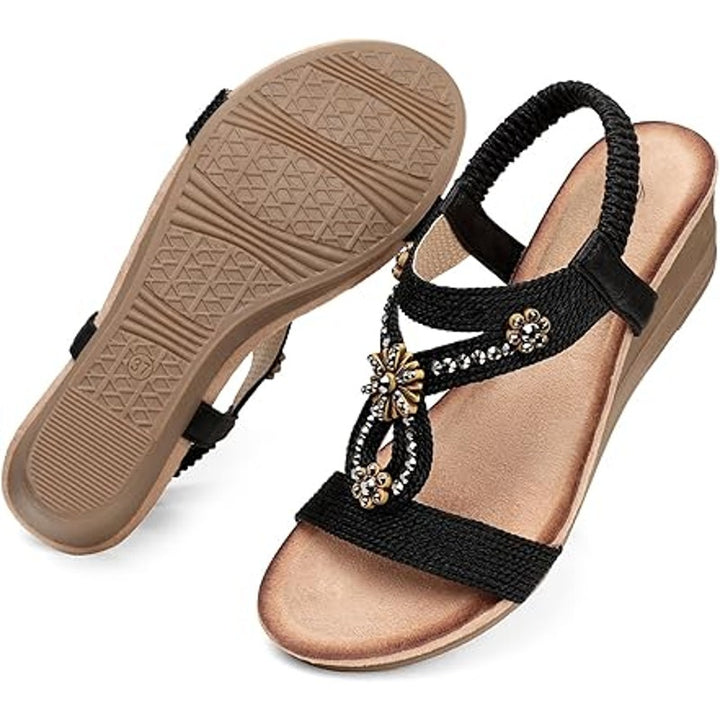 Shibever Womens 8.5 Black Tan Beaded OpenToe 2" Wedge Elastic Strap Sandal Shoes