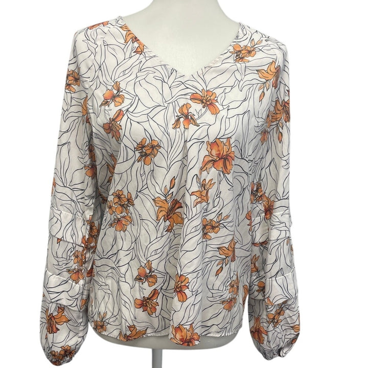 Worthington Womens Medium Elastic Wrist Long Sleeve Lightweight Floral Blouse