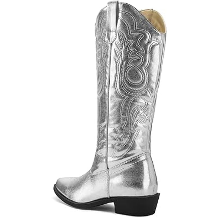 Mysoft Womens Size 7 Shiny Silver Mid Calf 1.5" Chunk Heel Cowgirl Western Boots