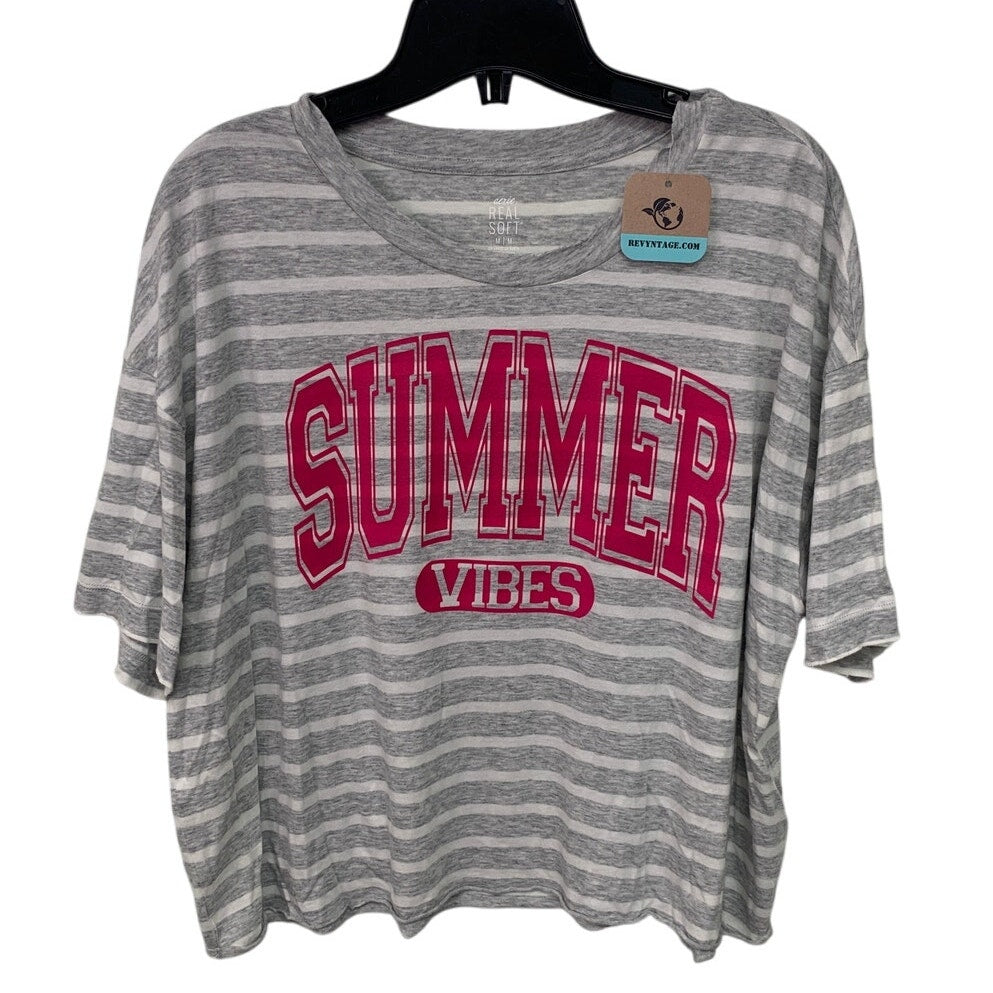 New Upcycled Hand Printed Womens Medium Striped Summer Vibes Crew Neck Tee