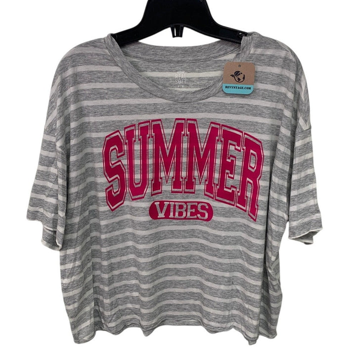 New Upcycled Hand Printed Womens Medium Striped Summer Vibes Crew Neck Tee