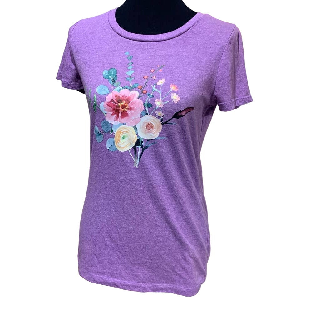 Hand Printed Upcycled Medium Watercolor Summer Flower Peony Aster Bouquet Tee