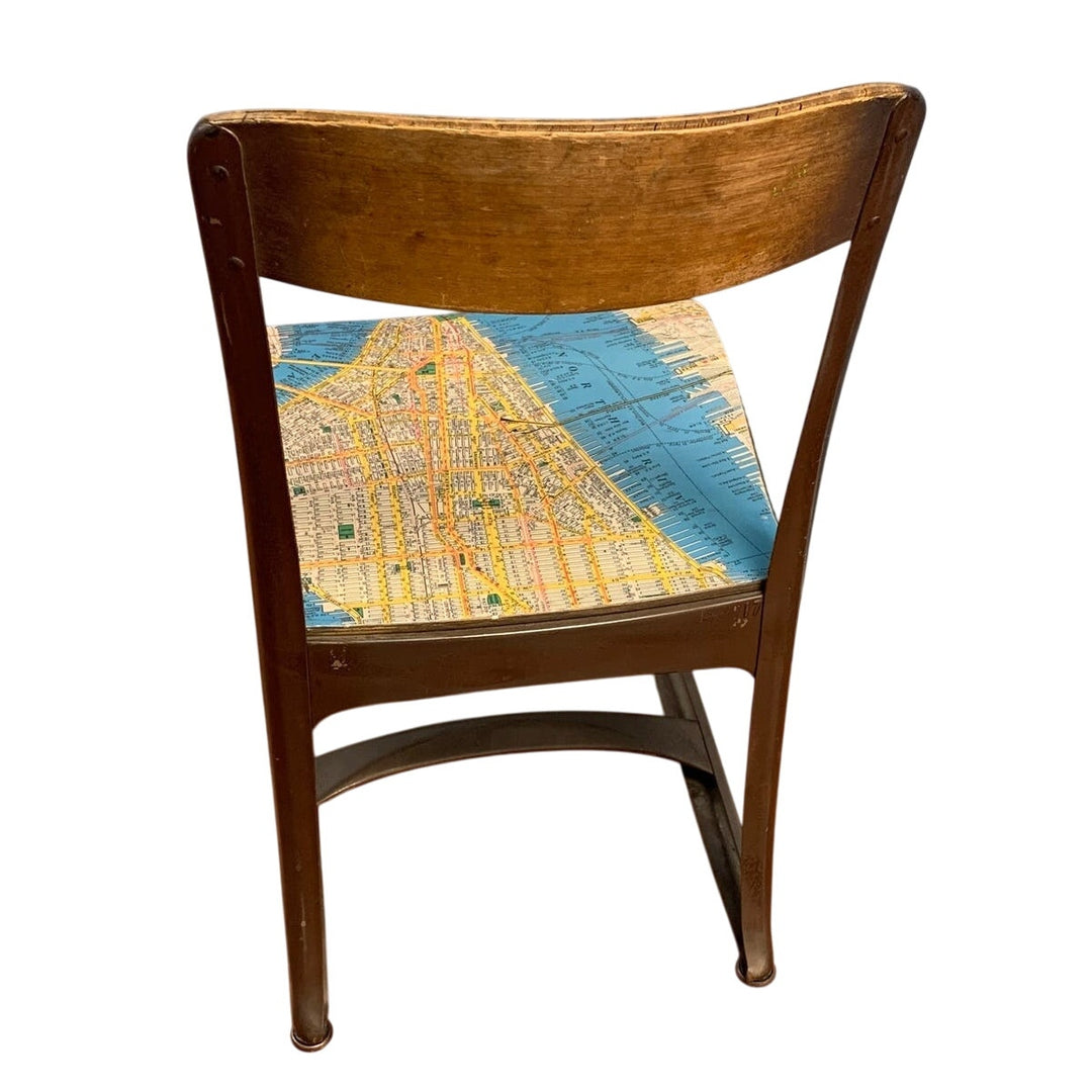 Vintage Small Metal &amp; Wood Child Desk Chair Decoupaged w 1952 Manhattan Map