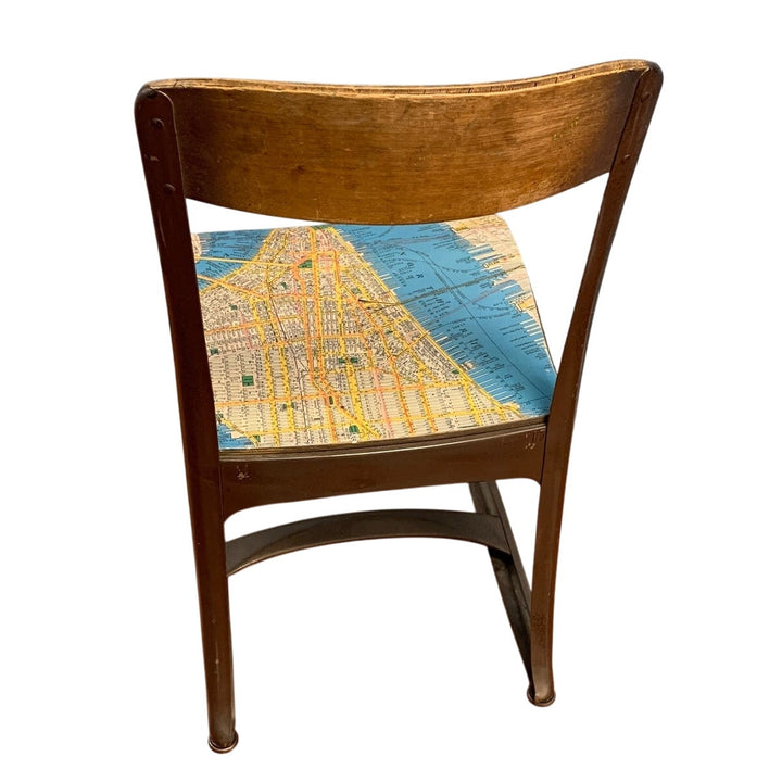 Vintage Small Metal &amp; Wood Child Desk Chair Decoupaged w 1952 Manhattan Map