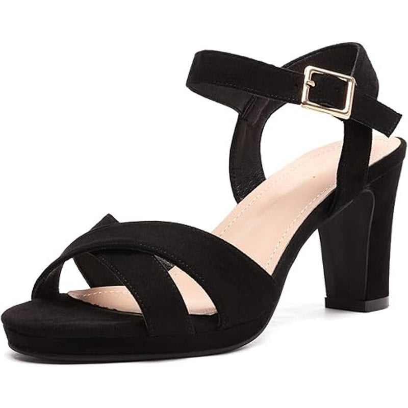 Dream Pairs Womens Size 10 Black Faux Suede 3.5" Chunky Heel Ankle Strap Shoes