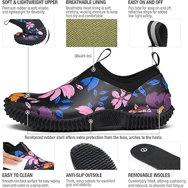 Hisea Womens Size 9.5 Black Blue Pink Floral Waterproof Neoprene Garden Shoes