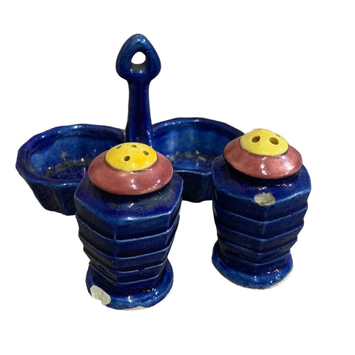 Vintage Japan Ceramic Geometric Stacked Tower w Tray Salt Pepper Shaker Set