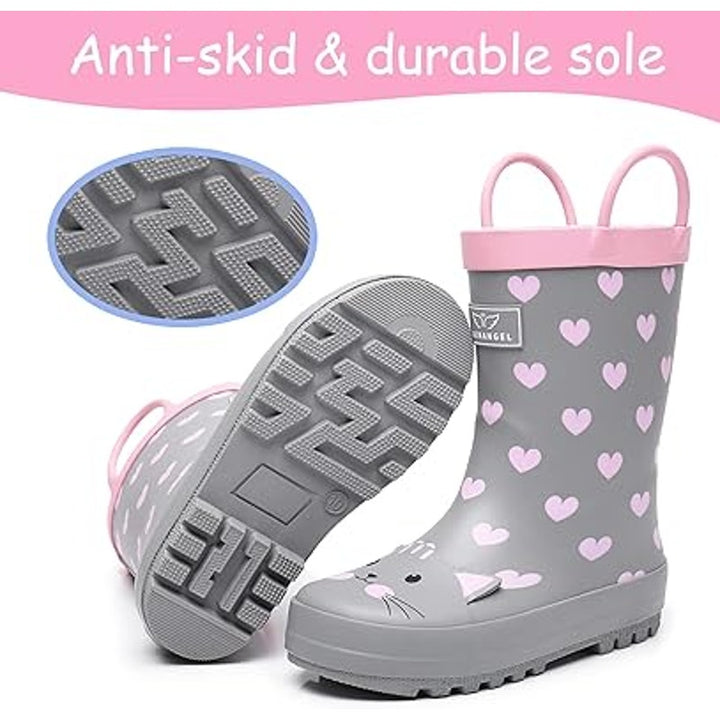 Rain Angel Big Girls Size 4 Gray Pink Cat Pull On Waterproof Rain Boot Shoes