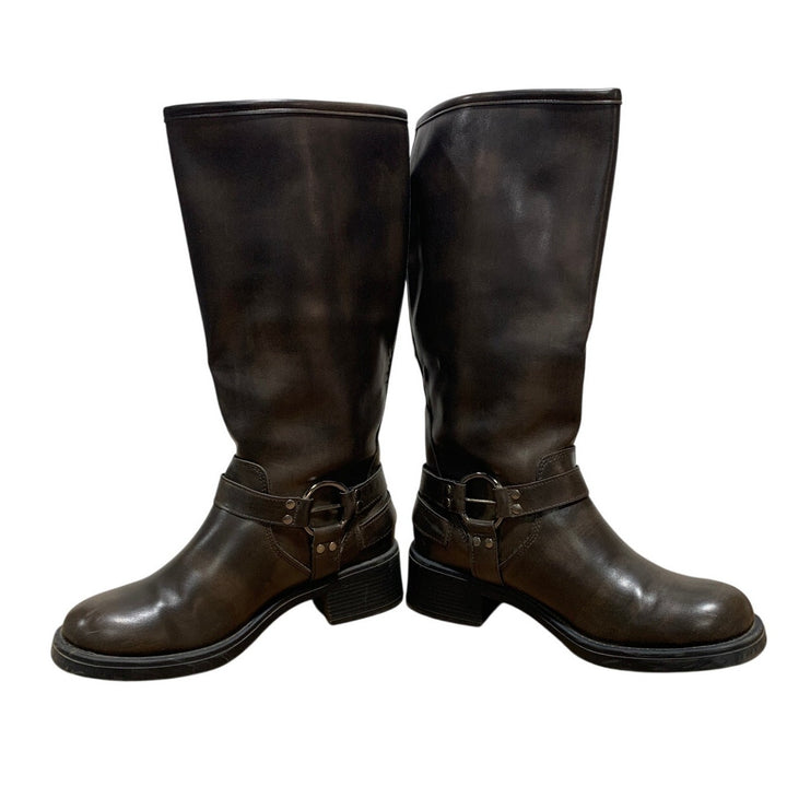 Aminugal Womens Size 7.5 Brown Faux Leather Knee High Square Toe Pull On Boots