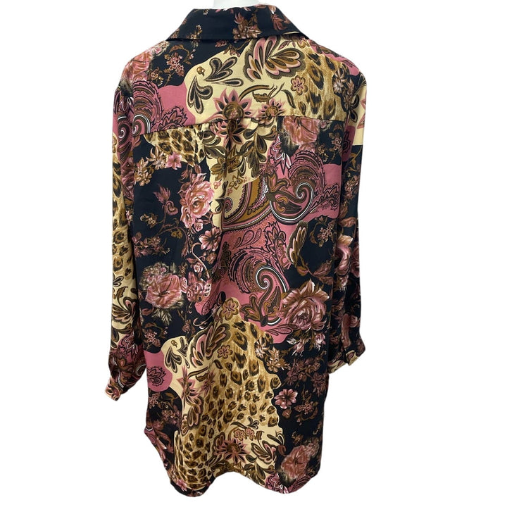 Brylane Woman 20W Floral Paisley Long Sleeve Flowy Polyester Button Up Blouse
