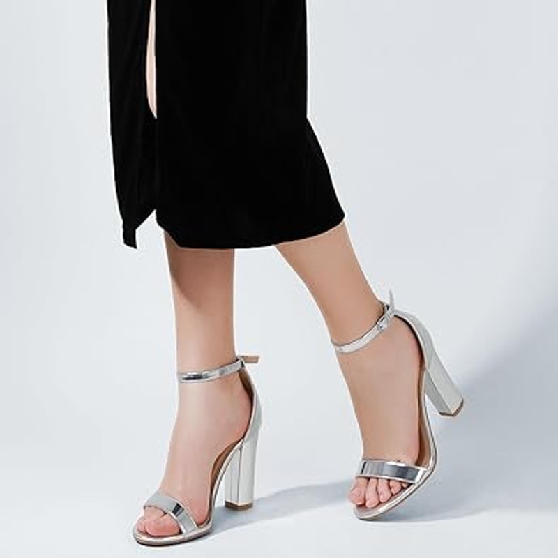 Ankis Womens Size 6.5 Shiny Silver Ankle Strap 4" Chunky Heels Open Toe Shoes