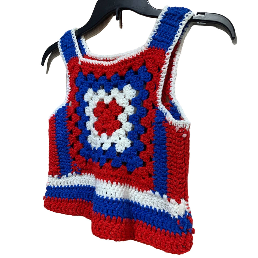 Handmade Crocheted Girls Small Red White Blue Granny Square Sleeveless Tank Top