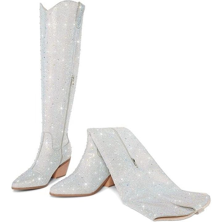 Ronilurn Womens Size 7 Silver Rhinestone Over the Knee 3" Heel Cowboy Boot Shoes