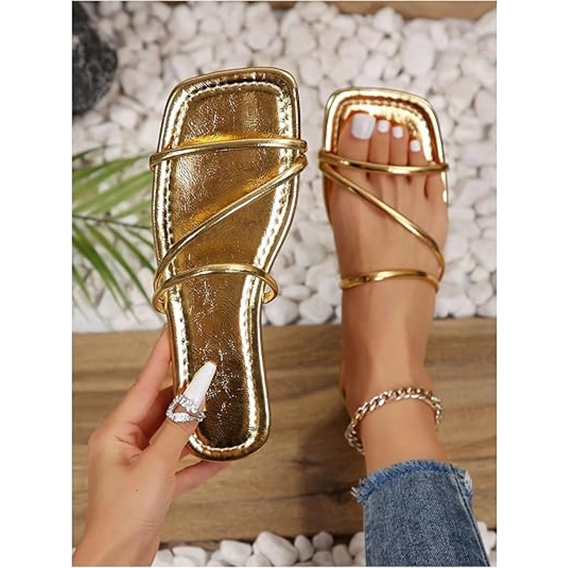 Gorglitter Womens Size 9 Gold Sandals Flats Strappy Open Square Toe Shoes