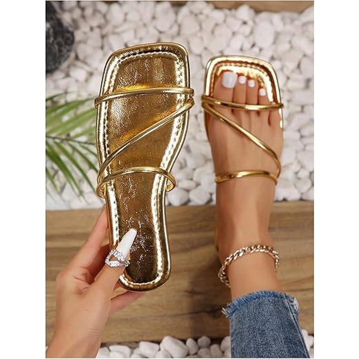 Gorglitter Womens Size 9 Gold Sandals Flats Strappy Open Square Toe Shoes