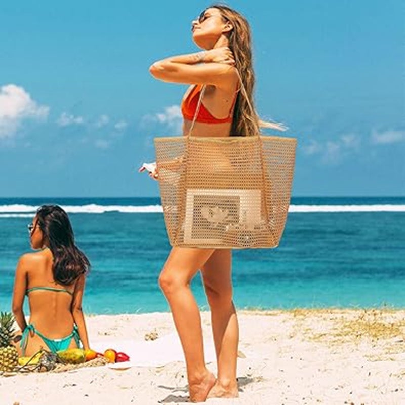 New Fammart Tan Double Handle Interior Zip Pocket Foldable Mesh Beach Tote Bag