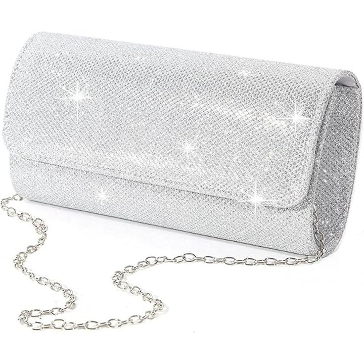 IovyoCoCo Womens Silver Glitter Magnetic Closure Chain Strap Handbag Clutch