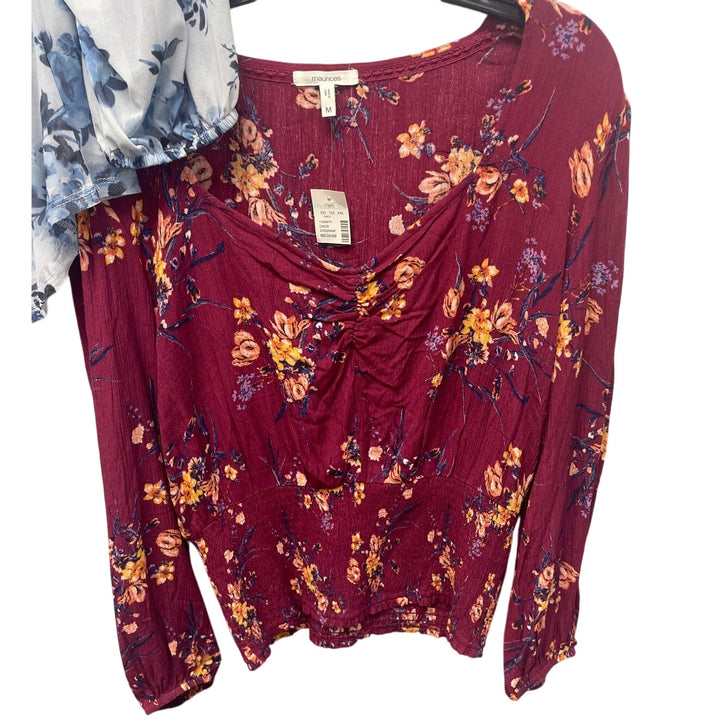 New Maurices Lot of 2 Womens Medium Long Sleeve Floral Ruched Front Blouse
