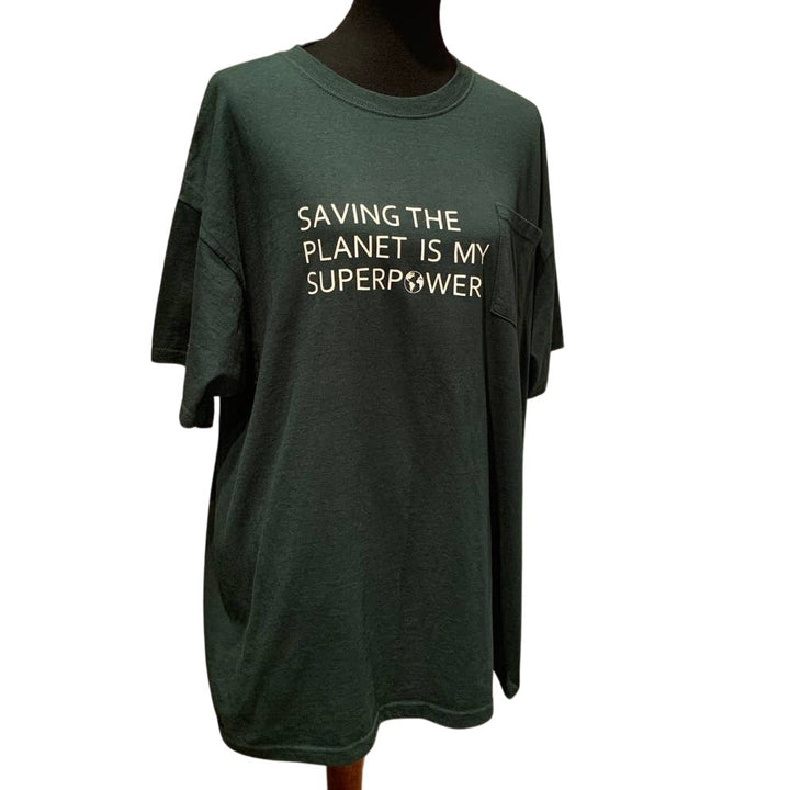 Handmade Upcycled Mens 2XL Saving the Planet is My Superpower Cotton Blend Tee