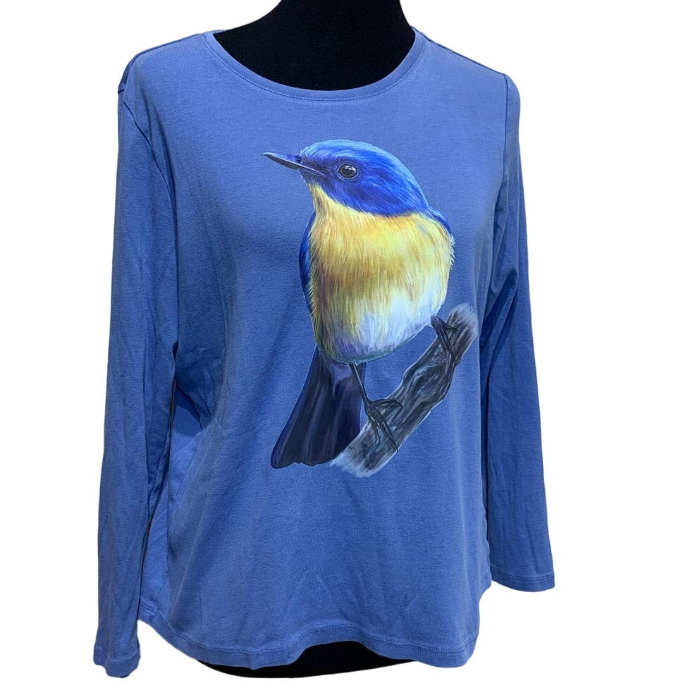 Upcycled Hand Printed XL Yellow Bluebird Ukraine Artist Fundraiser Bird Tee