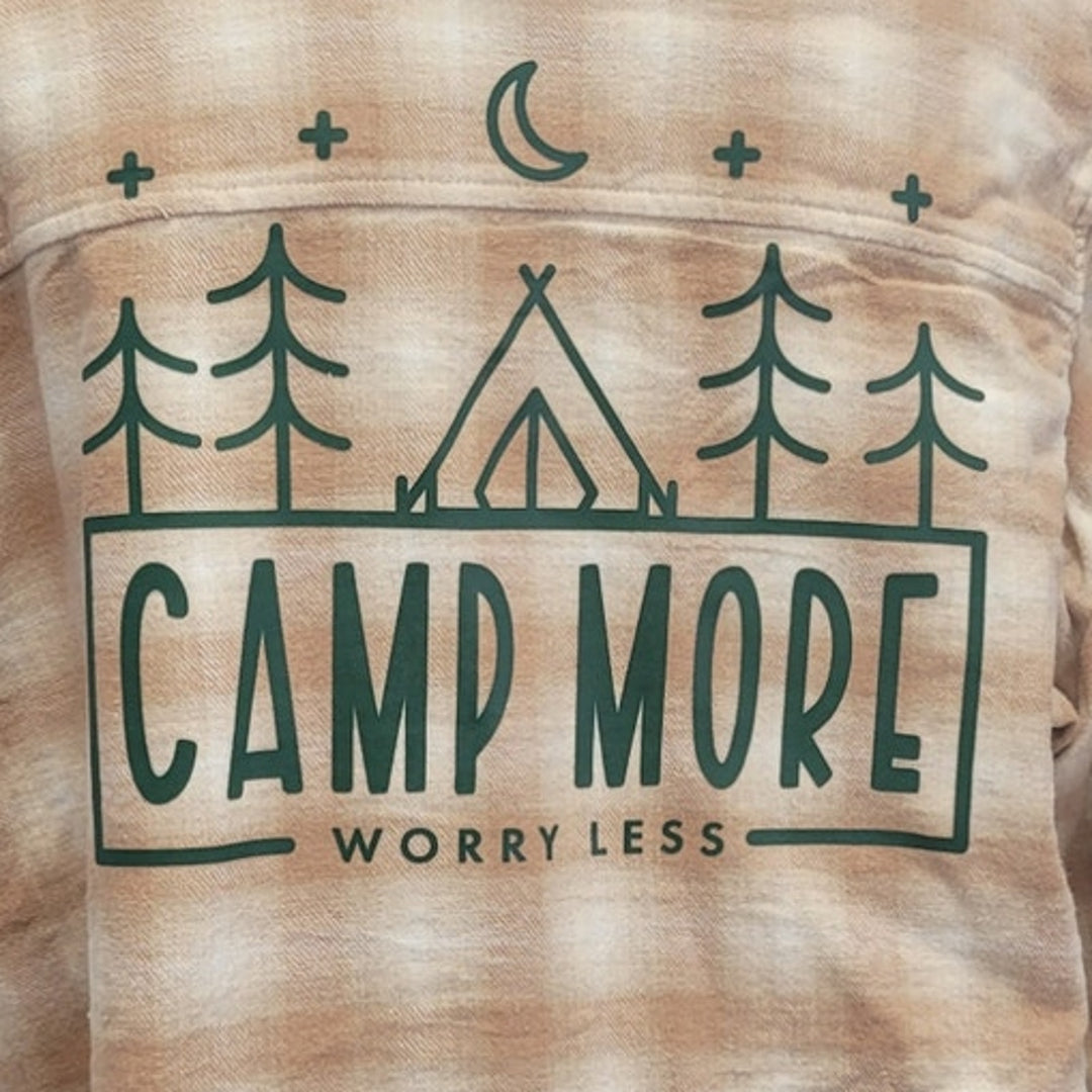 New Hand Printed Womens XXL Camp More Worry Less Long Sleeve Flannel Hoodie