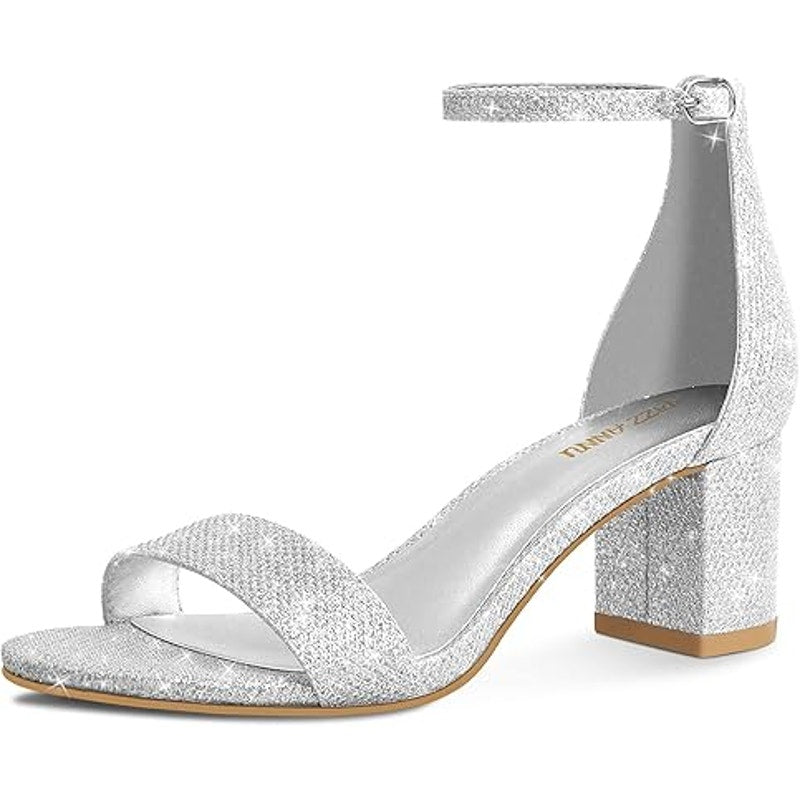 Pizz Annu Womens Size 7.5 Silver Glitter 2" Block Heel Ankle Strap Sandal Shoes