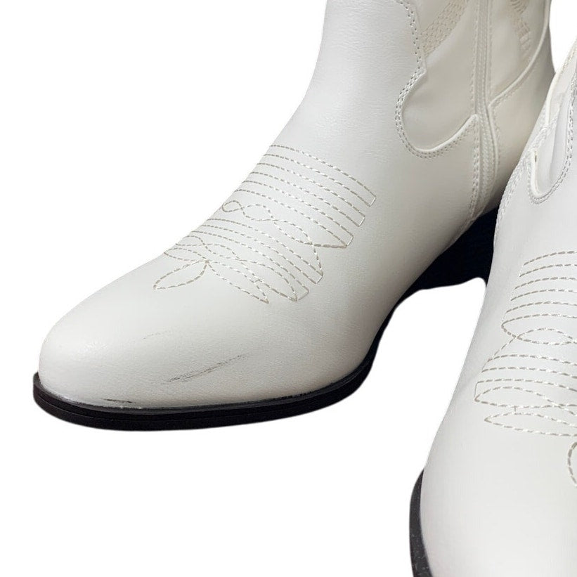 Dream Pairs Womens 8 White Faux Leather Mid Calf Cowgirl 2.5" Heel Boot Shoes