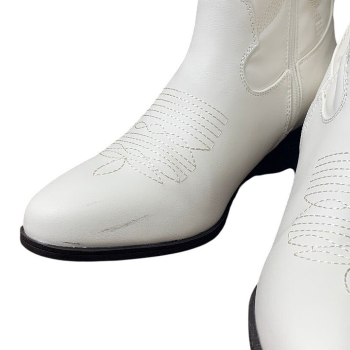 Dream Pairs Womens 8 White Faux Leather Mid Calf Cowgirl 2.5" Heel Boot Shoes
