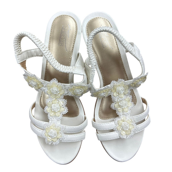 Shibever Womens 9.5 White Elastic Strap Open Toe Flower 2.25" Wedge Heel Shoes
