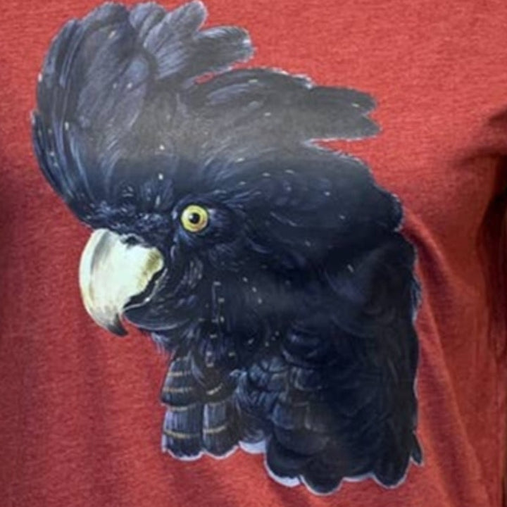 Upcycled Hand Printed Womens Large Black Cockatoo Parrot Ukraine Fundraiser Tee
