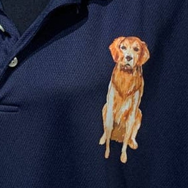 Hand Printed Upcycled Mens XL Golden Retriever Puppy Dog Polyester Polo Shirt