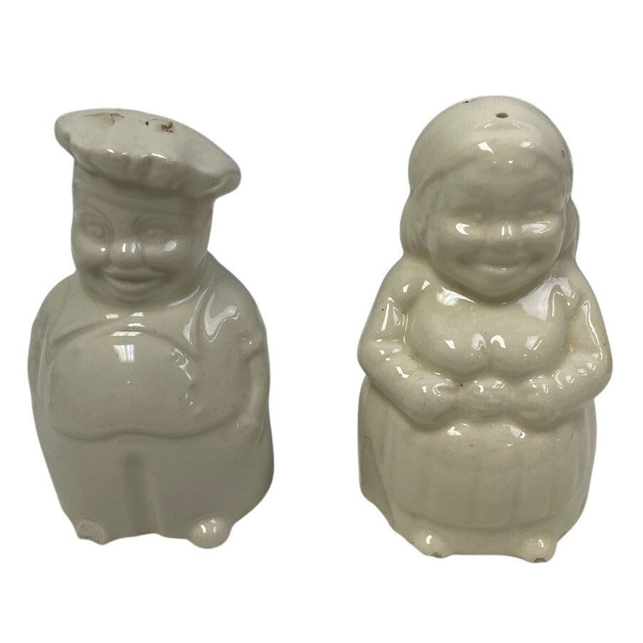 Vintage Chubby Chef Baker &amp; Wife White Ceramic Salt and Pepper Shakers Fair Cond