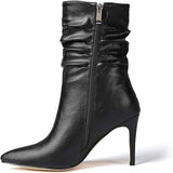Vivianly Womens 9 Black Faux Leather Pointed Toe 3.5" Heel Slouch Ankle Boots