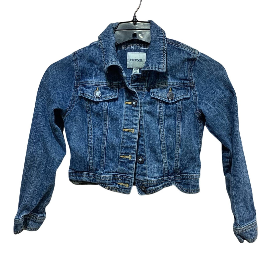 Hand Printed Upcycled Girls Medium Red Poppy Flower Denim Button Up Jean Jacket