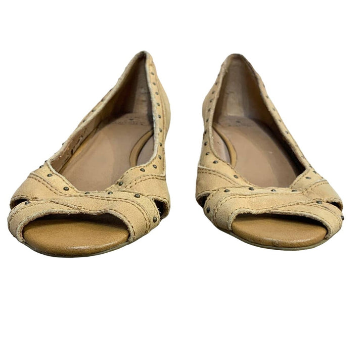 Lucky Brand Size 9.5 Leather Upper Tan Peep Toe Wedge Heel Slip On Shoes