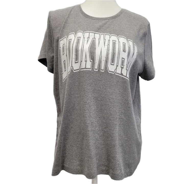Hand Printed Upcycled Womens XL Bookworm Short Sleeve Crew Neck Tee Shirt