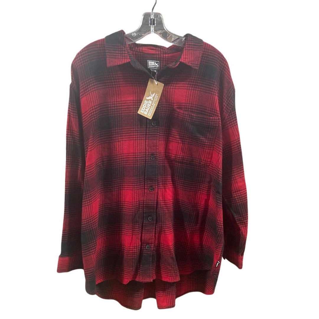 New Eddie Bauer Womens Red Black Plaid 100% Cotton Ballard Flannel LS Shirt